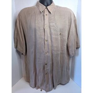 Zanella Mens Large Taupe 100% Linen Short Sleeve Button Up Shirt Made in Italy